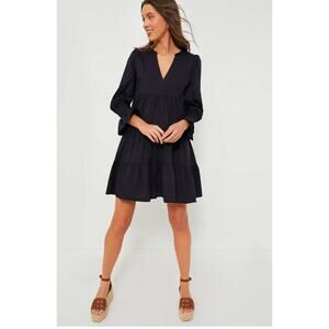 Tuckernuck Pomander Place Poplin Kenzo Dress Flutter Tiered Long Sleeves Navy XS